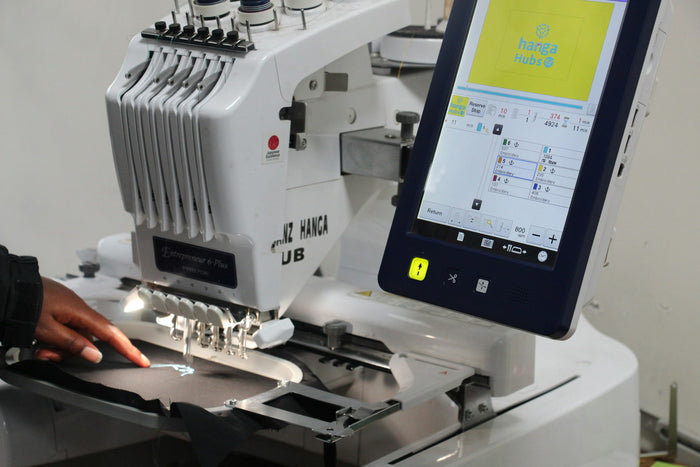 Close-up of an embroidery machine stitching